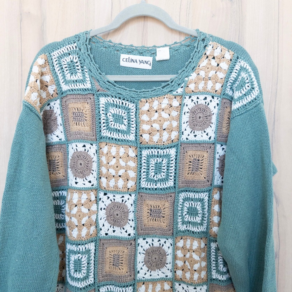 VTG Celina Yang Patchwork Granny Square Sweater S… - image 2